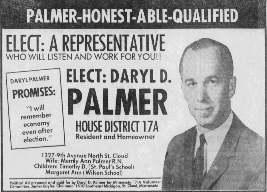 Print advertisement for Daryl D. Palmer's 1972 HD 17A primary election campagin