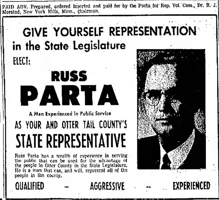 Print advertisement for Russell O. Parta's 1966 HD 55 general election campaign
