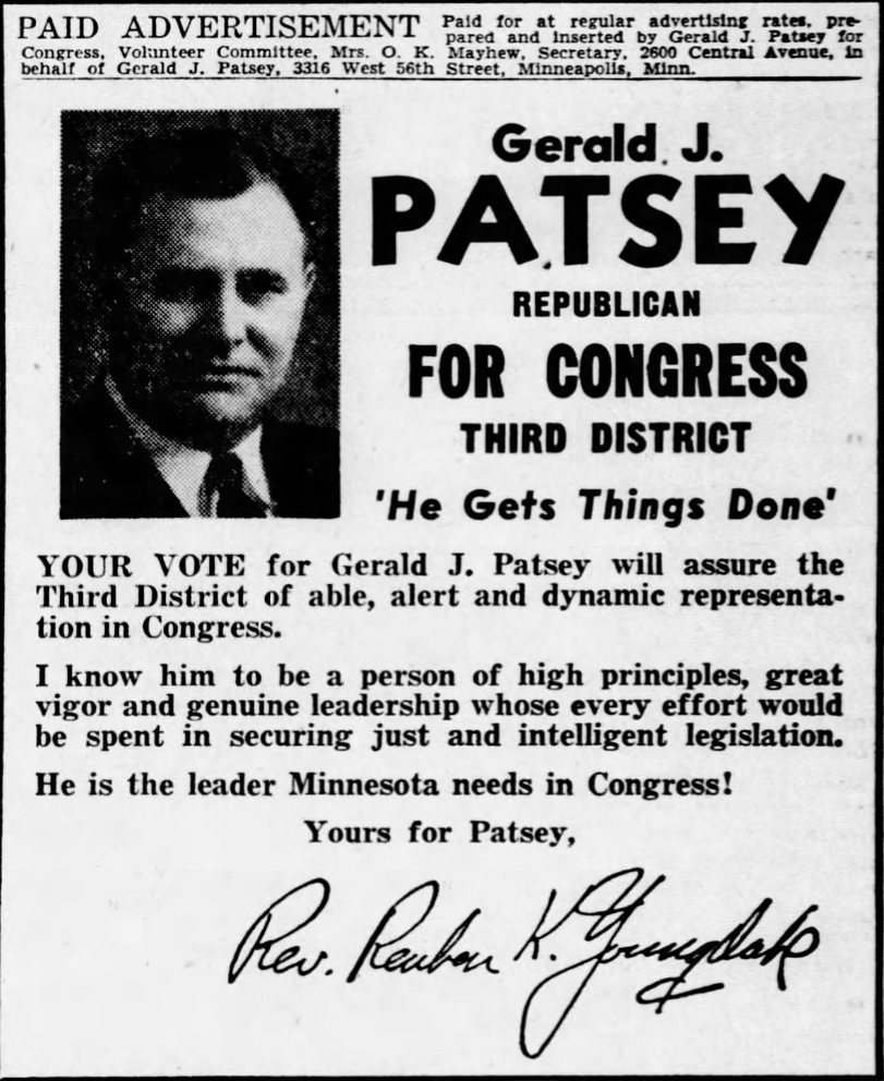 Print advertisement for Gerald J. Patsey's 1946 CD 03 primary election campaign