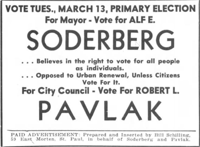 Print advertisement for Robert L. Pavlak's 1962 St. Paul City Council primary campaign