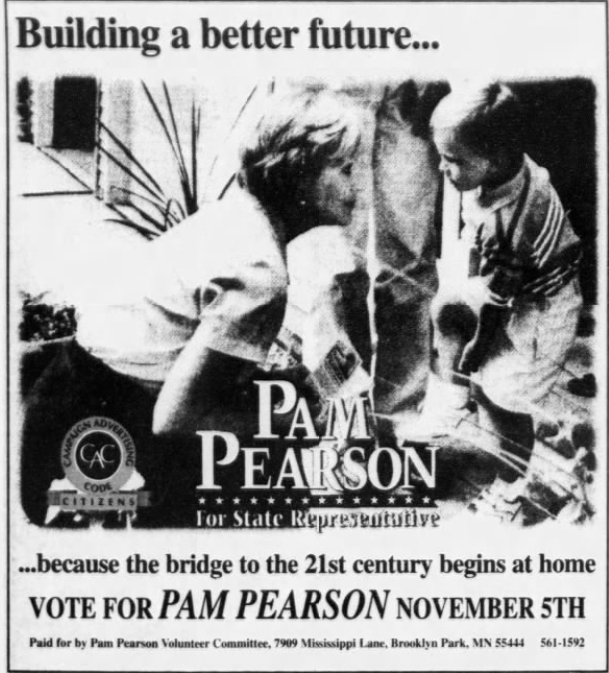 Print advertisement for Pam Pearson's 1996 HD 48A general election campaign