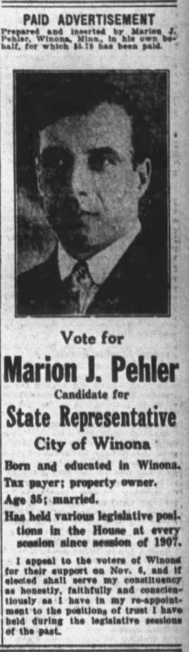 Print advertisement for Marion J. Pehler's 1928 HD 02 general election campaign.