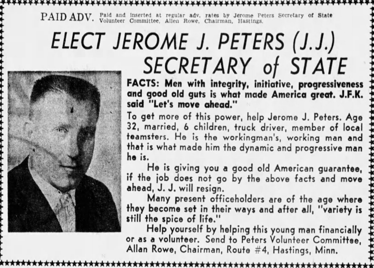 Print advertisement for Jerome J. Peters' 1966 Secretary of State DFL primary campaign
