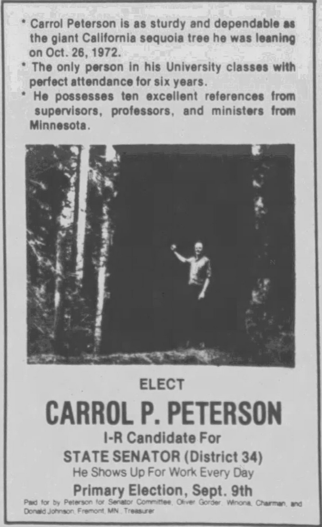 Print advertisement for Carrol P. Peterson's 1980 SD 34 Republican primary campaign