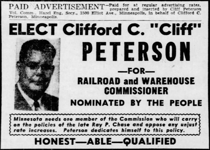 Print advertisement for Clifford C. Peterson's 1948 Railroad and Warehouse Commissioner general election campaign