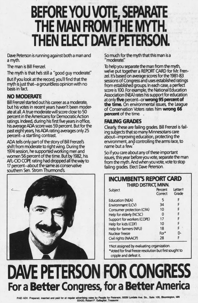 Print advertisement for Dave Peterson's 1984 CD 03 general election campaign
