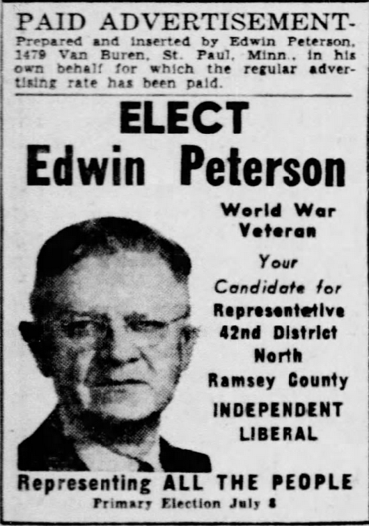 Print advertisement for Edwin Peterson's 1946 HD 42 primary election campaign