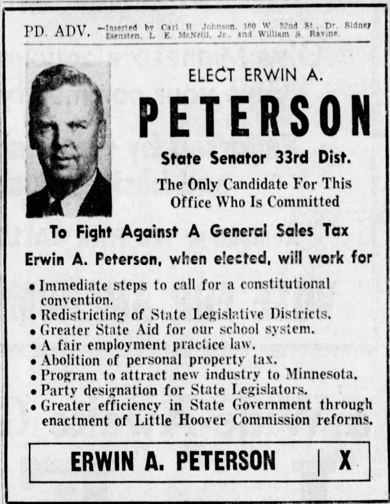 Print advertisement for Erwin A. Peterson's 1954 SD 33 general election campaign