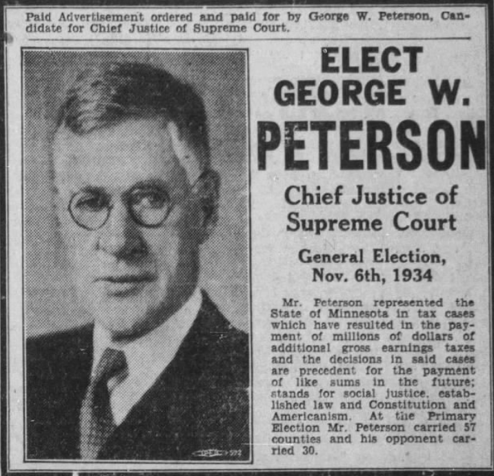 Print advertisement for George W. Peterson's 1934 Supreme Court Associate Justice general election campaign