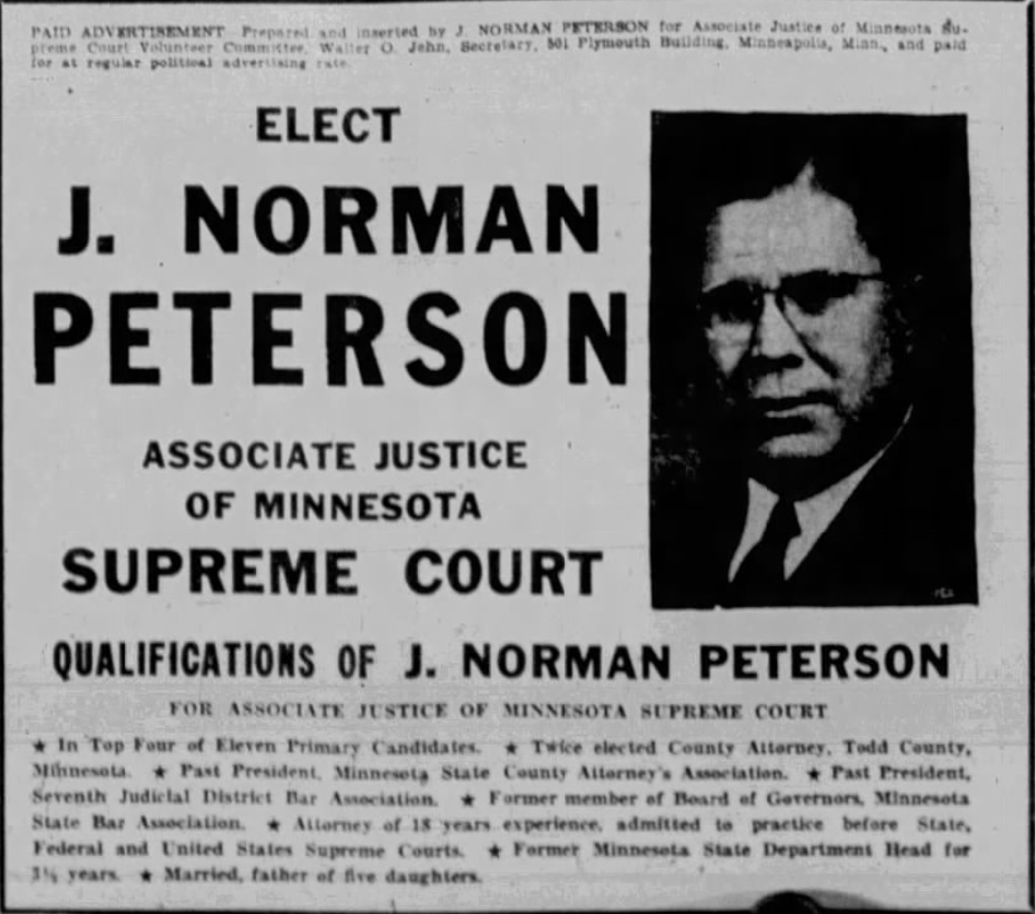 Print advertisement for J. Norman Peterson's 1944 Supreme Court Associate Justice general election campaign