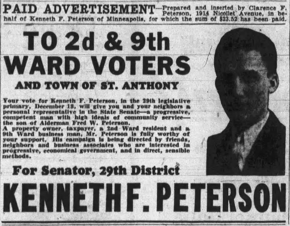 Print advertisement for Kenneth F. Peterson's 1932 SD 29 special primary campaign