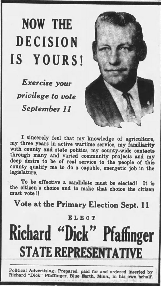 Print advertisement for Richard Pfaffinger's 1962 HD 10 primary election campaign
