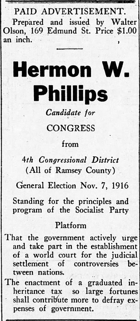 Print advertisement for Hermon Phillip's 1916 CD 04 general election campaign