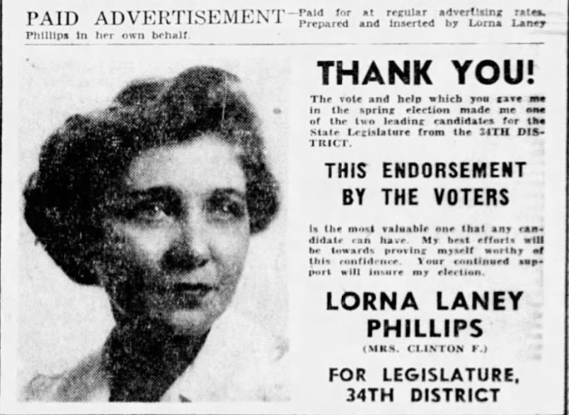 Print advertisement for Lorna Laney-Phillips' 1946 HD 34 genera election campaign