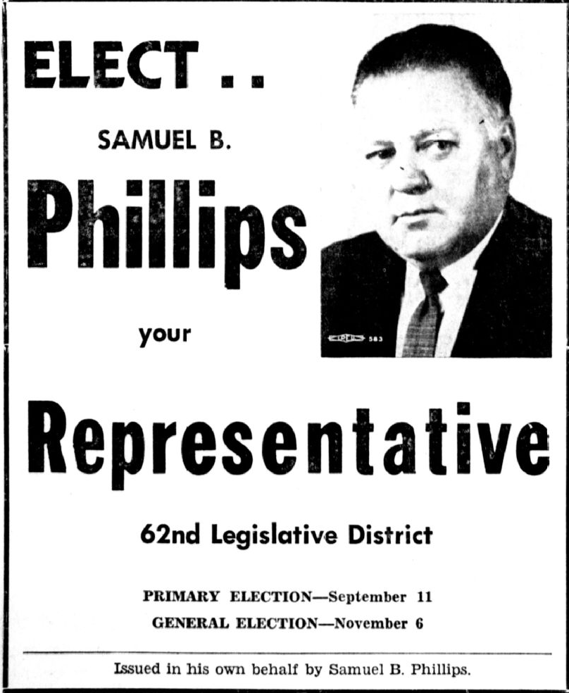 Print advertisement for Samuel B. Phillips' 1962 HD 62 primary election campaign