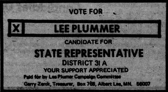 Print advertisement for Lee Plummer's 1976 HD 31A general election campaign