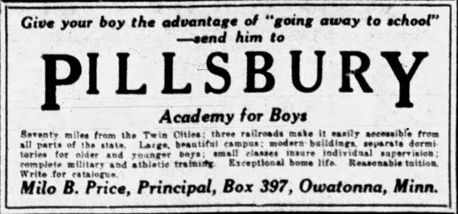 Print advertisement for Milo B. Price's Pillsbury Academy for Boys