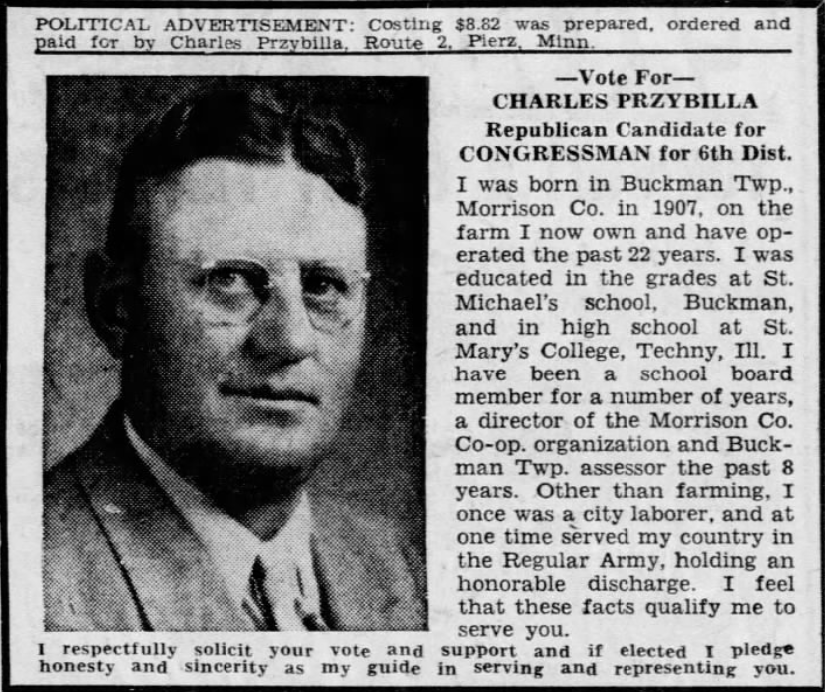 Print advertisement for Charles Przybilla's 1952 CD 06 Republican primary campaign