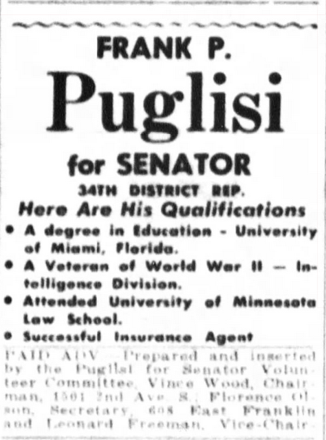 Print advertisement for Frank P. Puglisi's 1954 SD 31 general election campaign