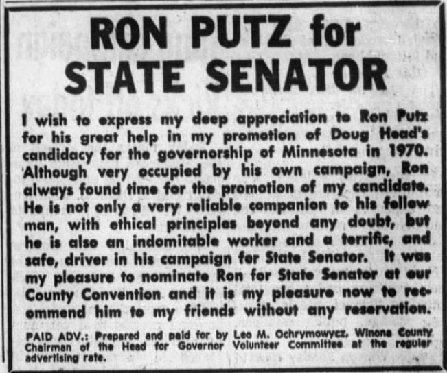 Print advertisement for Ron Putz's 1970 SD 02 general election campaign