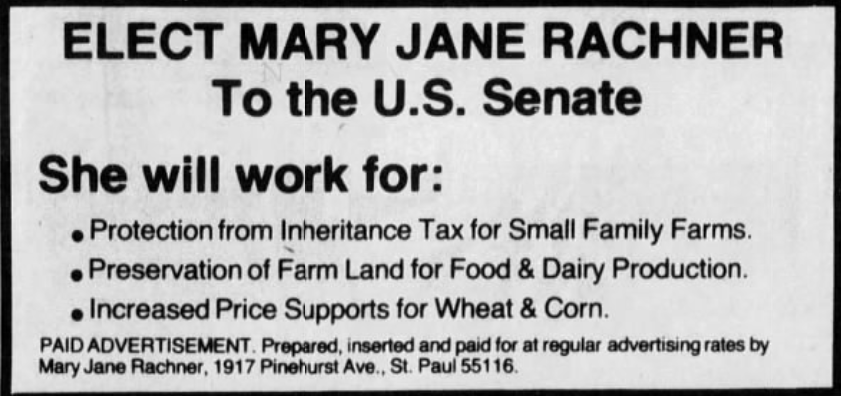 Print advertisement for Mary Jane Rachner's 1982 U.S. Senate Independent-Republican primary campaign