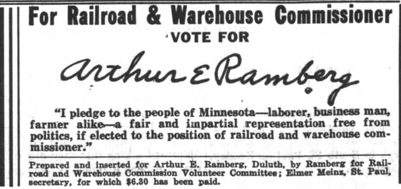Print advertisement for Arthur E. Ramberg's 1942 Railroad and Warehouse Commission Republican primary campaign