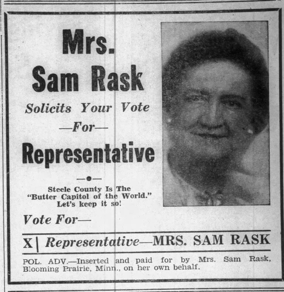 Print advertisement for Harriet Rask's 1942 HD 16 general election campaign