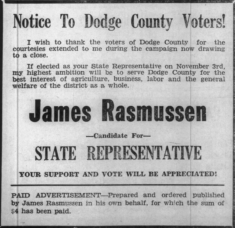 Print advertisement for James Rasmussen's 1942 HD 05 general election campaign
