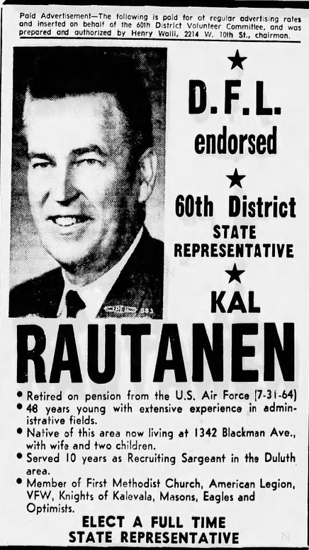 Print advertisement for Kal Rautanen's 1964 HD 60 primary election campaign