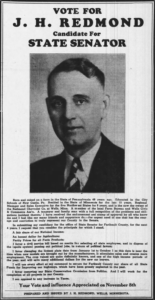 Print advertisement for John Redmond's 1938 SD 07 general election campaign