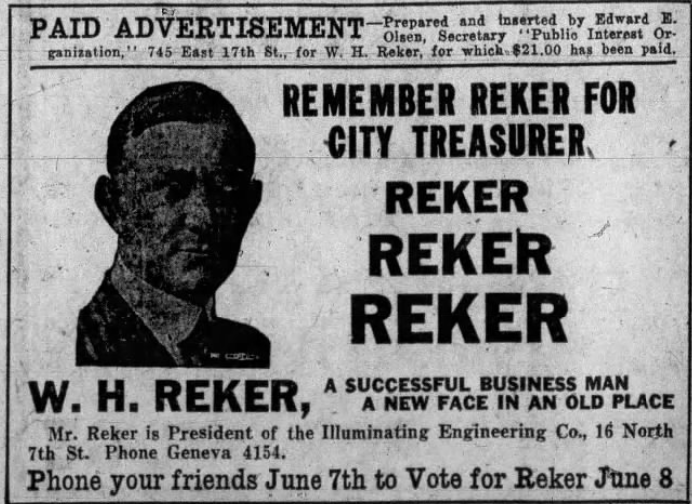 Print advertisement for William H. Recker's 1925 Minneapolis Treasurer general election campaign
