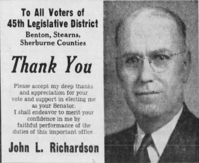 Print advertisement for John L. Richardson's 1954 SD 45 general election campaign
