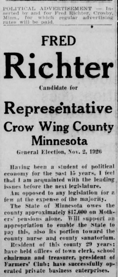 Print advertisement for Fred Richter's 1926 HD 53 general election campaign