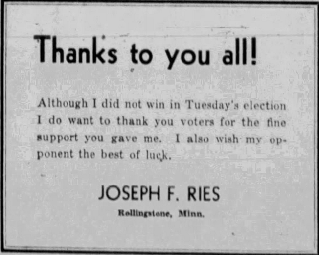 Print advertisement for Joseph F. Ries' 1944 HD 02 general election campaign.