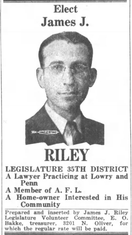 Print advertisement for James J. Riley's 1942 HD 35 primary election campaign
