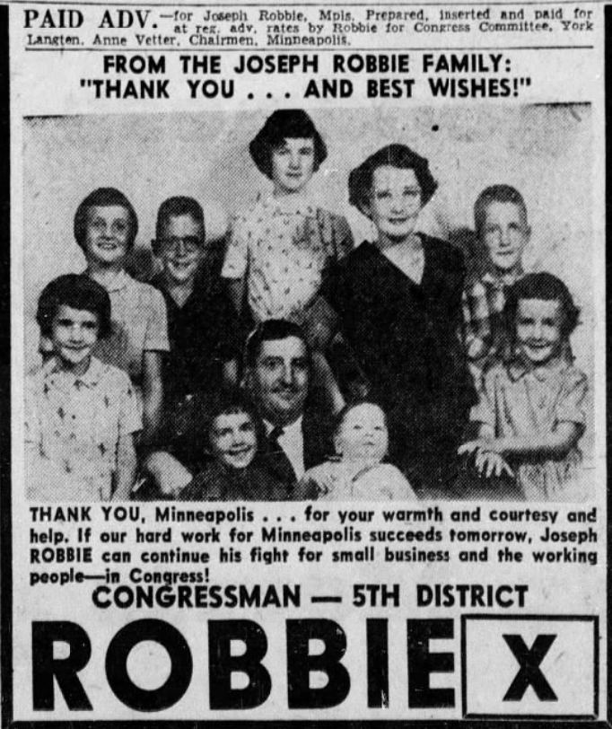 Print advertisement for Joseph Robbie's 1956 CD 05 general election campaign