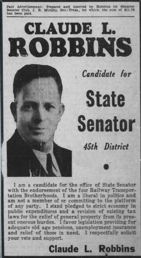 Print advertisement for Claude L. Robbins' 1934 HD 45 general election campaign