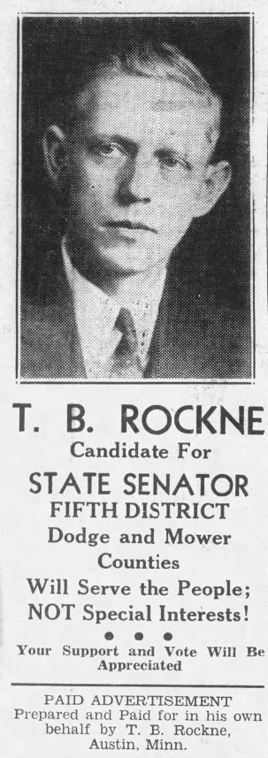 Print advertisement for Tunis Rockne's 1938 SD 05 primary election campaign