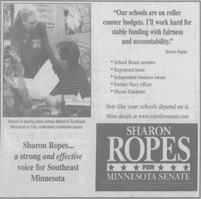 Print advertisement for Sharon Erickson Ropes' SD 31 2002 general election campaign