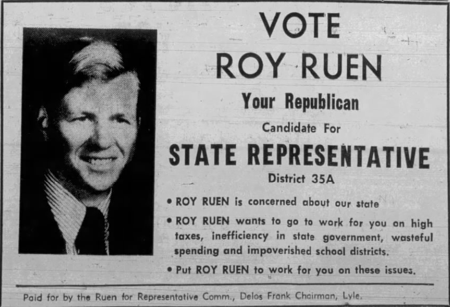 Print advertisement for Roy Ruen's 1974 HD 35A general election campaign