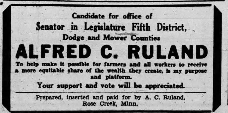 Print advertisement for Alfred C. Ruland's 1934 SD 05 primary election campaign