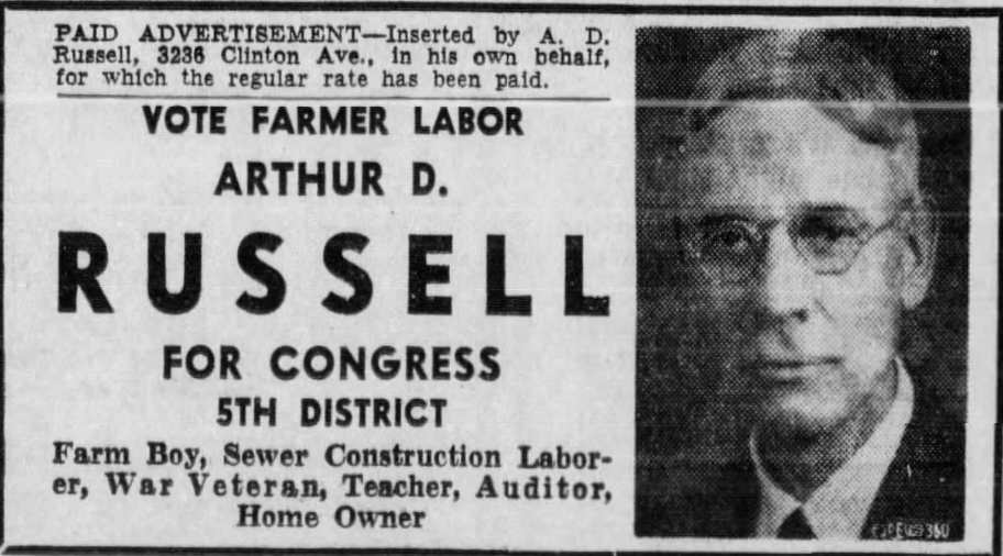 Print advertisement for Arthur D. Russell's 1942 CD 05 Farmer-Labor primary campaign
