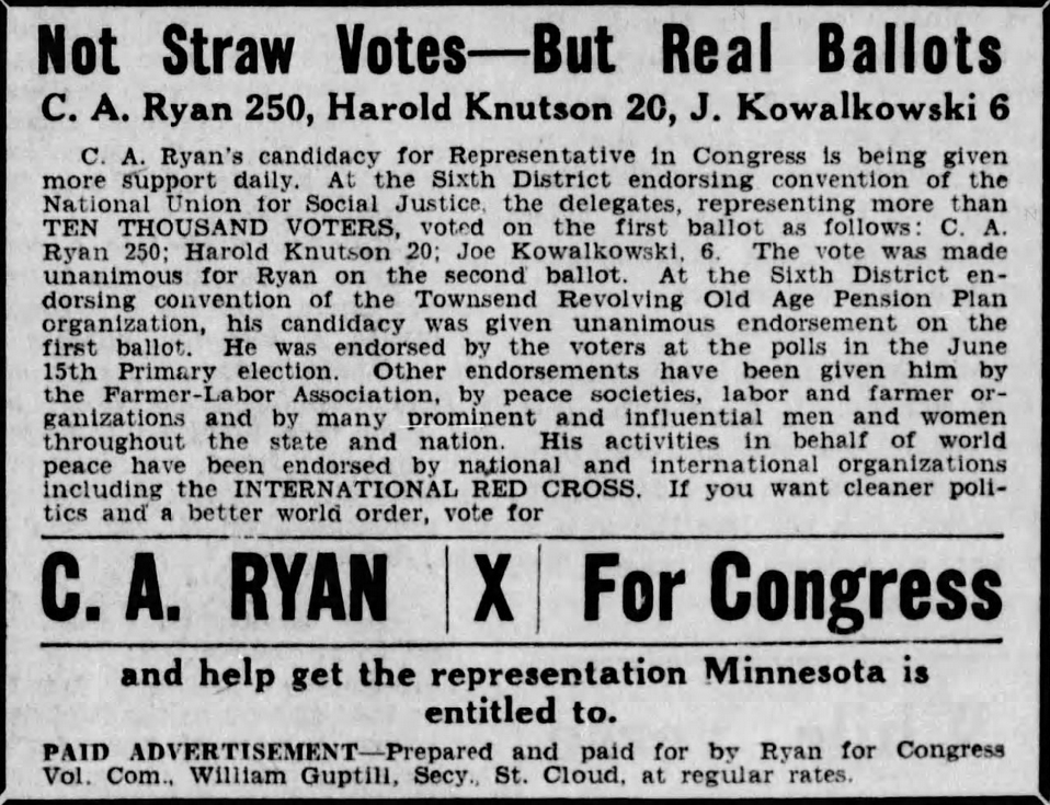 Print advertisement for Carl A. Ryan's 1936 CD 06 general election campaign