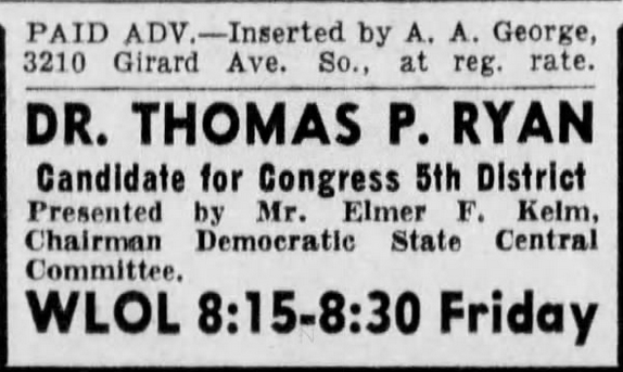 Print advertisement for Thomas P. Ryan's 1942 CD 05 general election campaign