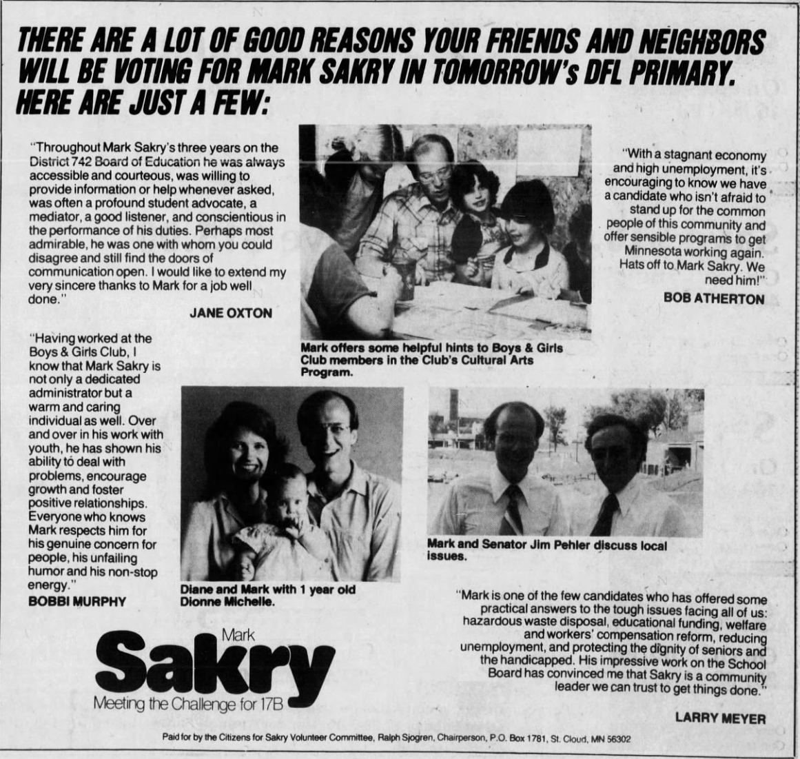 Print advertisement for Mark K. Sakry's 1982 HD 17B primary election campaign