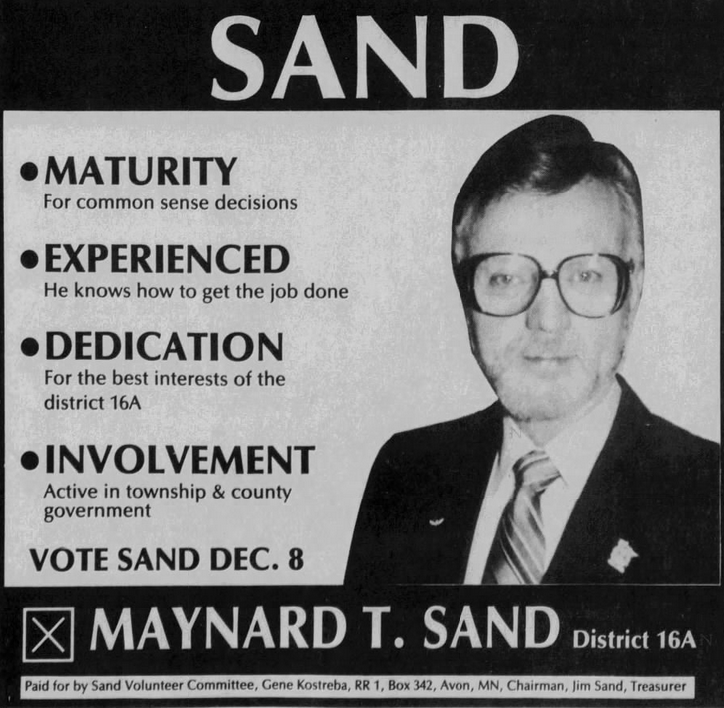 Print advertisement for Maynard T. Sand's 1986 HD 16A Independent-Republican special primary campaign