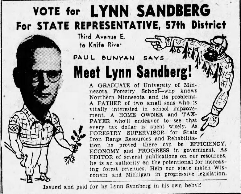 Print advertisement for Lynn Sandberg's 1952 HD 57 general election campaign