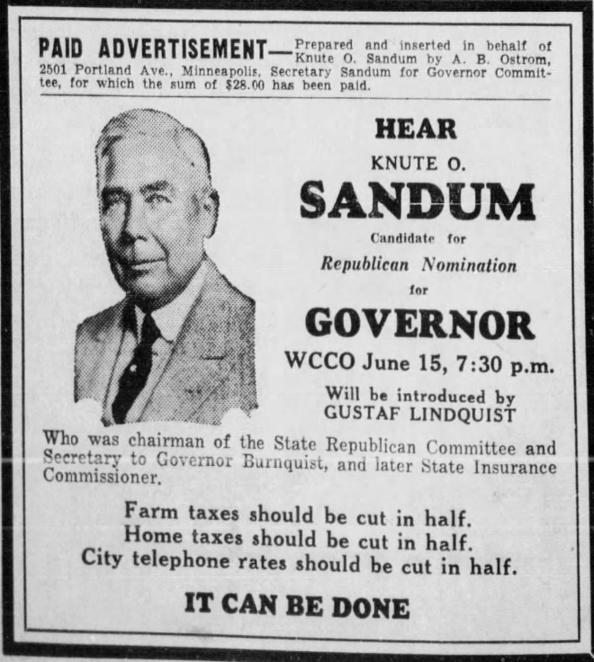 Print advertisement for Knute Sandum's 1934 Republican gubernatorial primary campaign