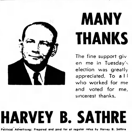 Print advertisement for Harvey B. Sathre's 1962 HD 05 general election campaign