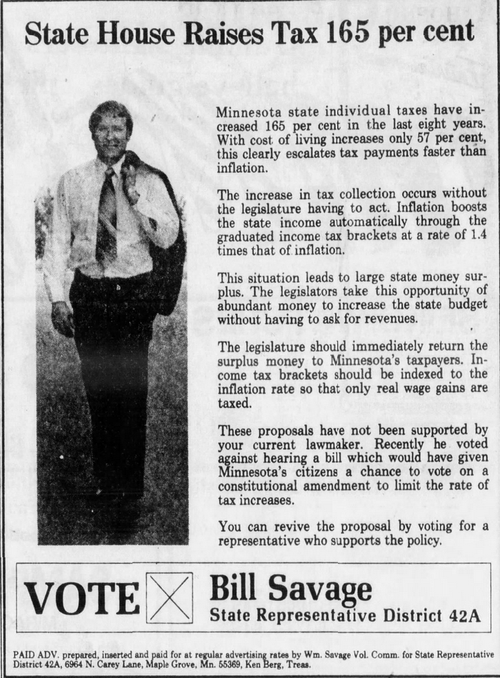 Print advertisement for Bill Savage's 1978 HD 42A general election campaign